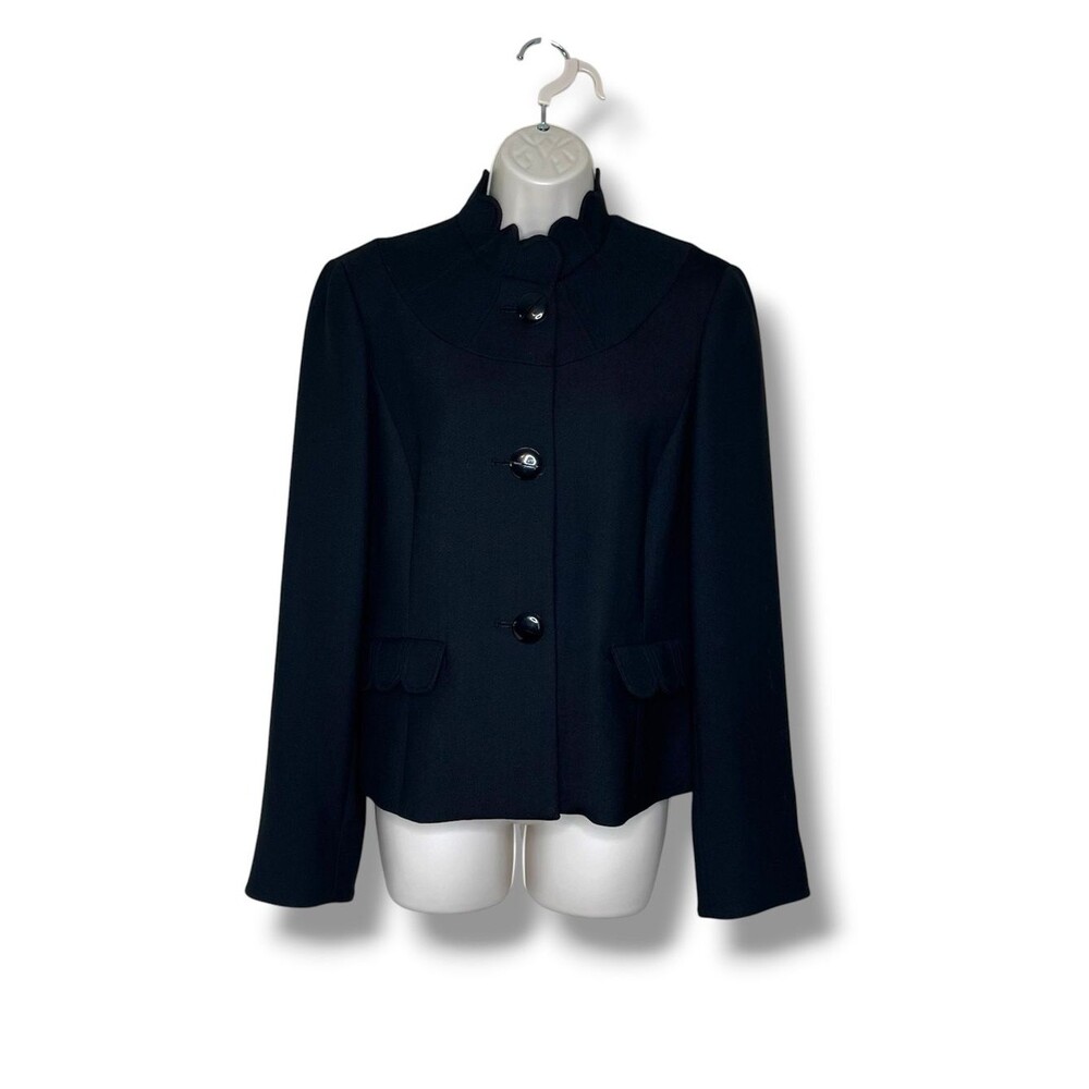 Wool Blend Jacket Scalloped Collar Button Front Pleated Back Waist Tab Women 10